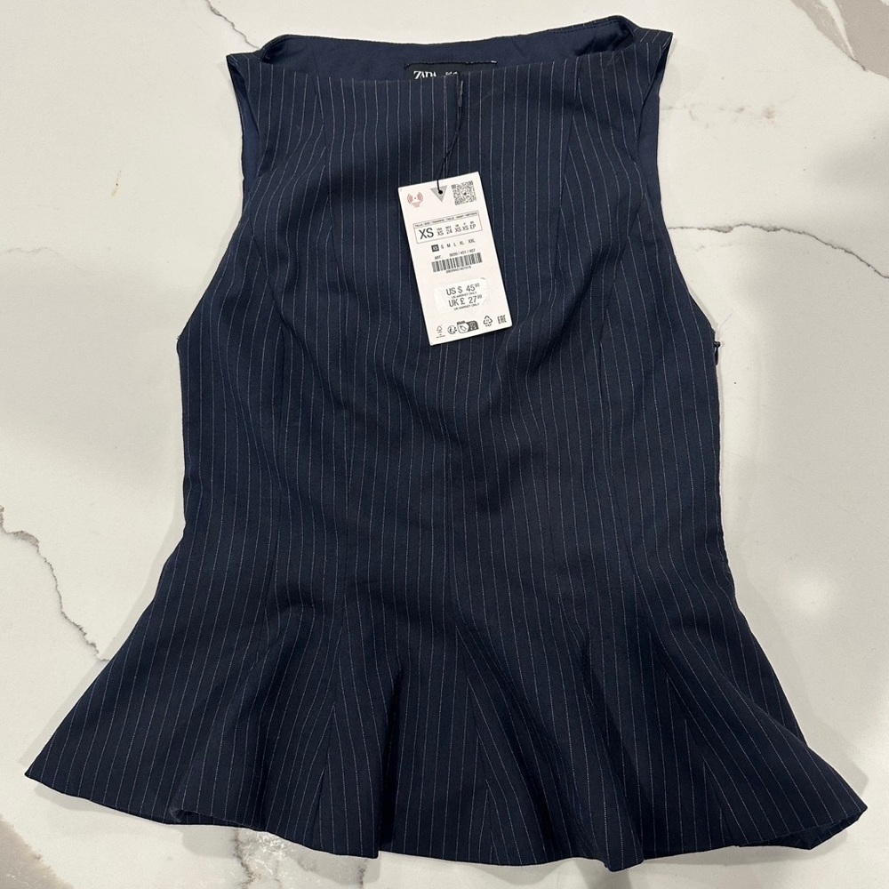 Zara Navy Pinstripe Peplum Blouse